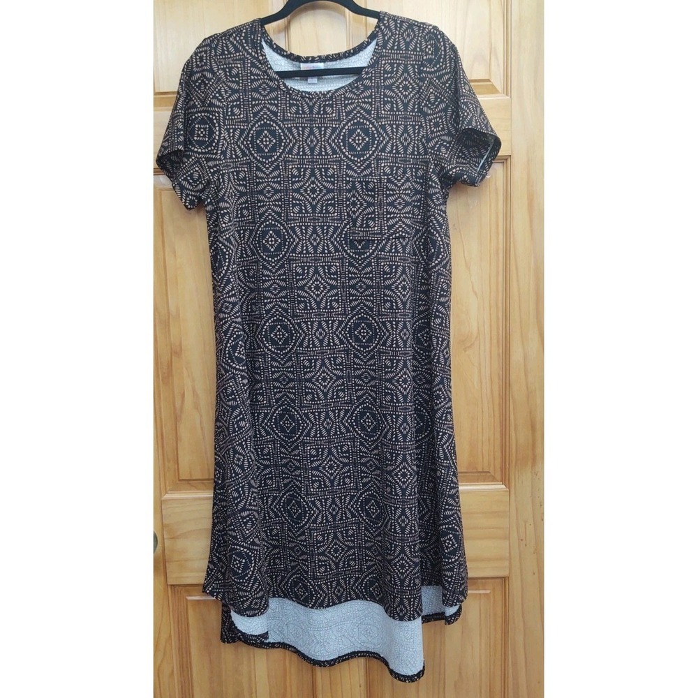 LULAROE Smooth Stretch Black  Brown Geometric Dress Size Large High Low Hem